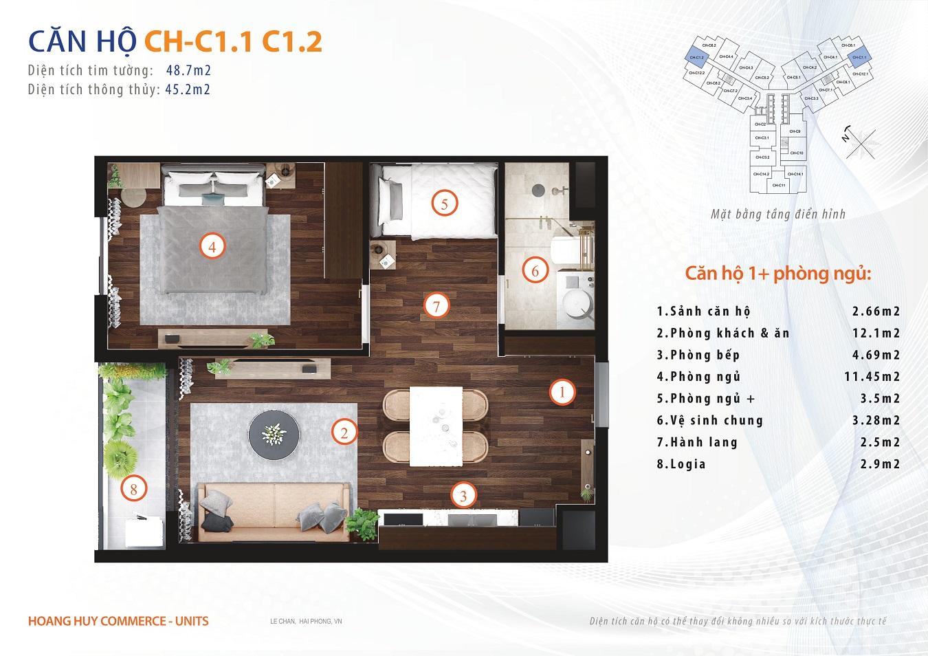 thiết kế căn hộ 1 ngủ 48m2