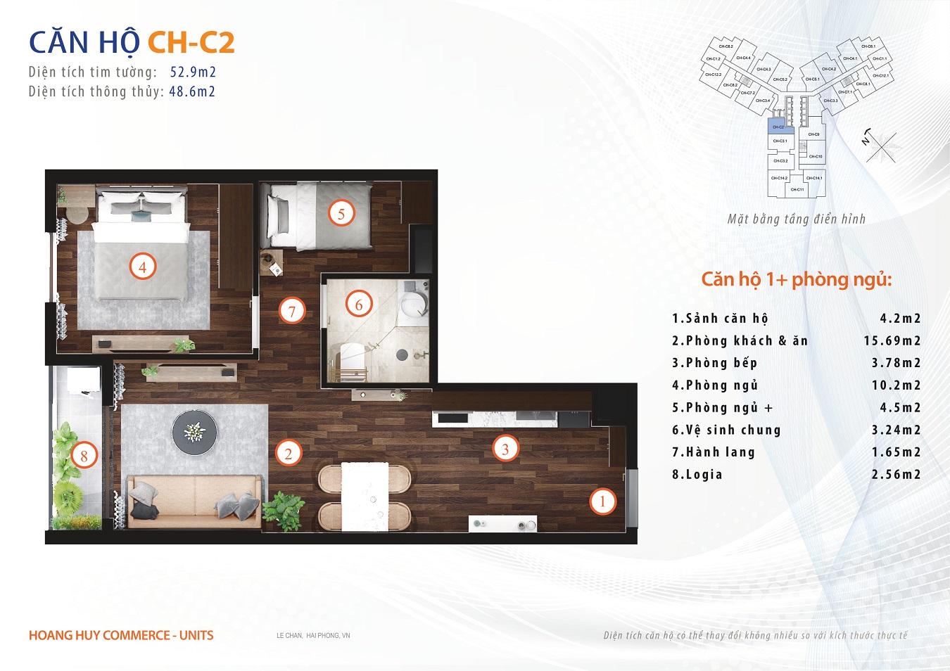 thiết kế căn hộ 1 ngủ 52m2