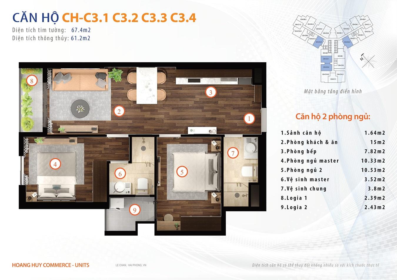 thiết kế căn hộ 2 ngủ 67m2