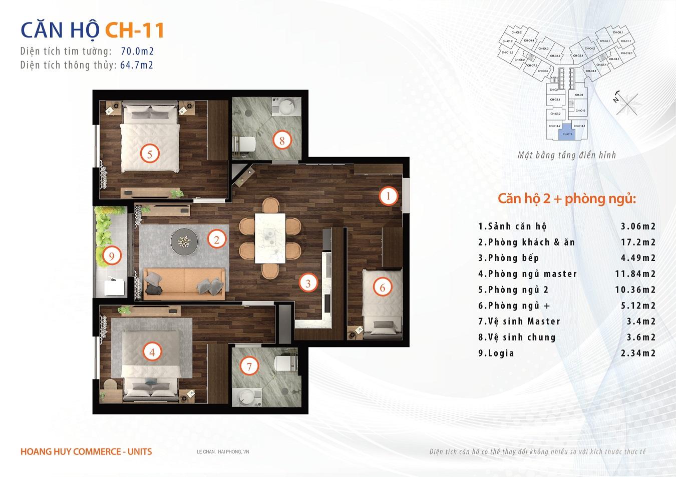 thiết kế căn hộ 2 ngủ 70m2