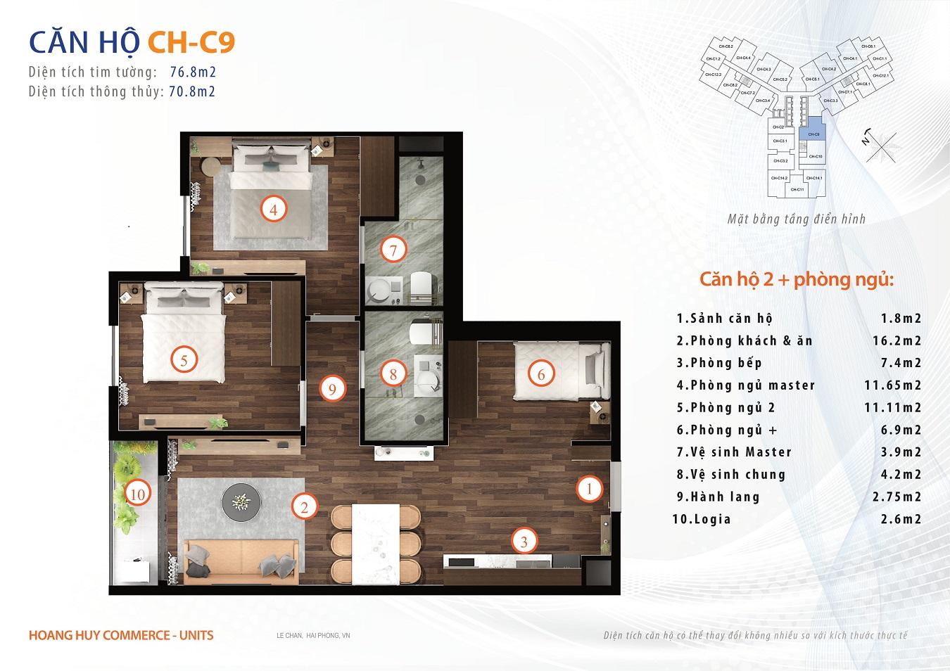 thiết kế căn hộ 2 ngủ 77m2