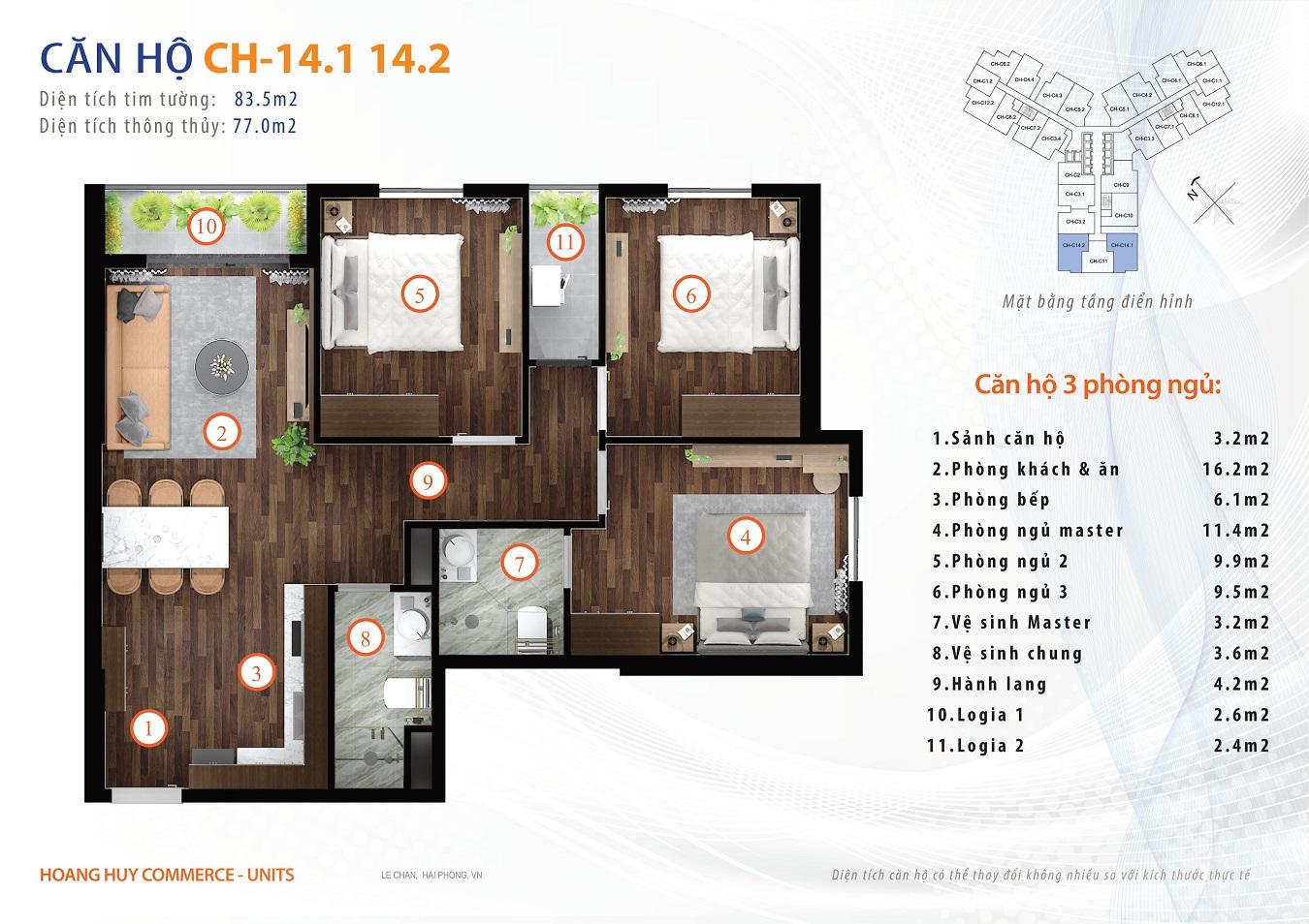 thiết kế căn hộ 3 ngủ 83m2